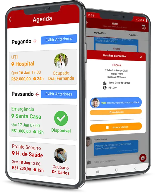 Telas do aplicativo SOS Plantão com agenda e detalhes de escala